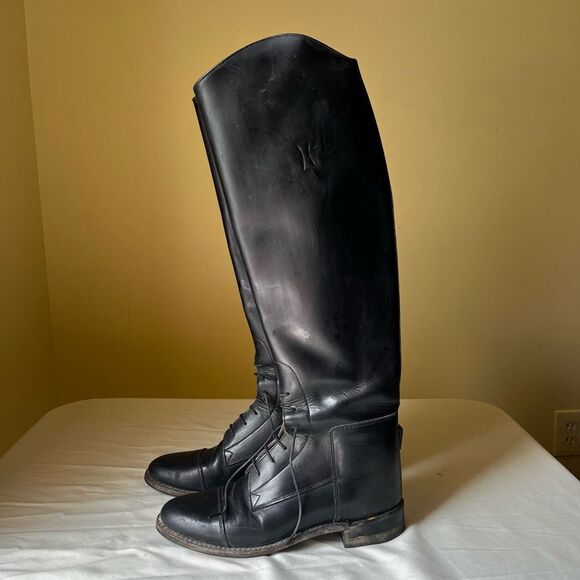 Tall Black Leather Riding Boots Size 7 by The Effingham Bond Boot Co Style 200L‎ - Picture 1 of 12